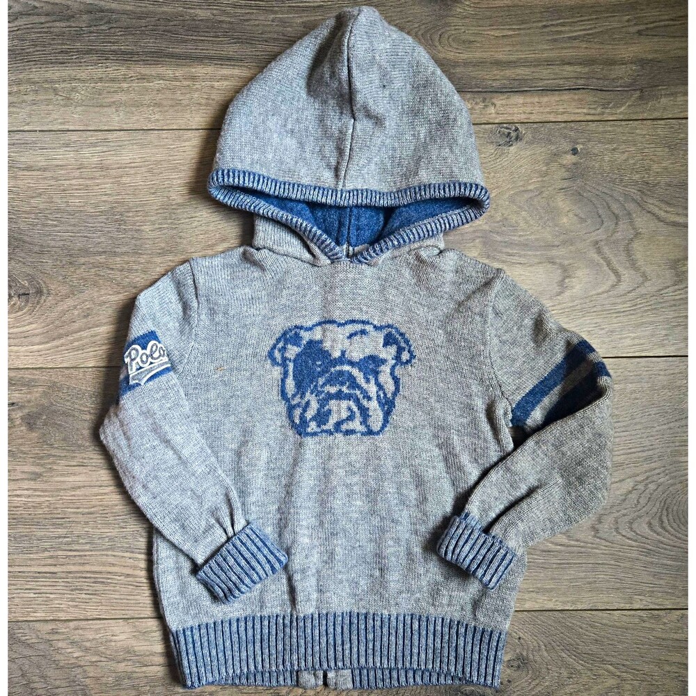 Ralph Lauren Boys 24M Wool Knit Bulldog Sweater Hoodie Full Zip Back Gray Blue